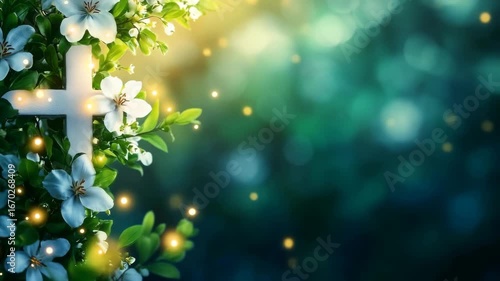 A serene Christian cross with white flowers and glowing lights for an Easter and worship video background.