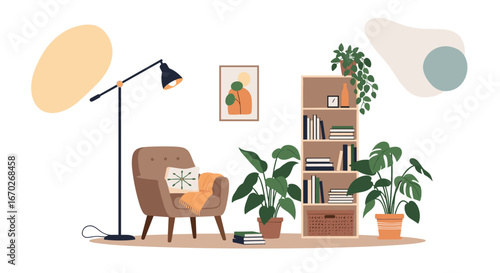 Cozy modern living room with comfortable armchair floor lamp bookshelf and lush green plants