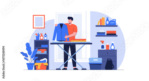 Person ironing clothes on a board with laundry supplies and shelving