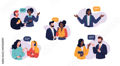 Diverse people engaging in conversations during business meetings and daily interactions