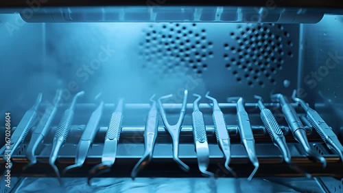 Dental instruments sterilized in a blue-lit autoclave machine, ready for procedure