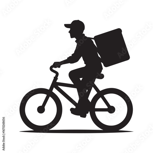 Delivery person with bike vector silhouette outline logo design concept illustration
