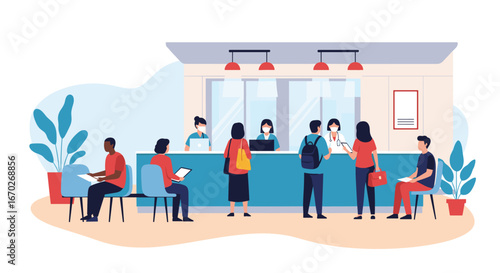 Customers wait in line for service at a modern service counter providing assistance and information