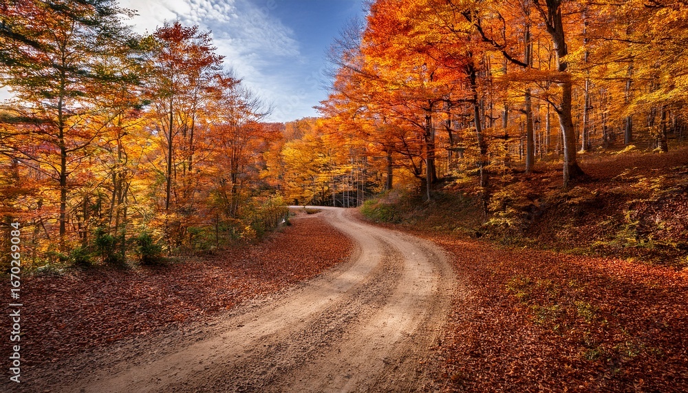 Obraz premium winding dirt road surrounded by vibrant autumn trees with orange and yellow foliage in forest
