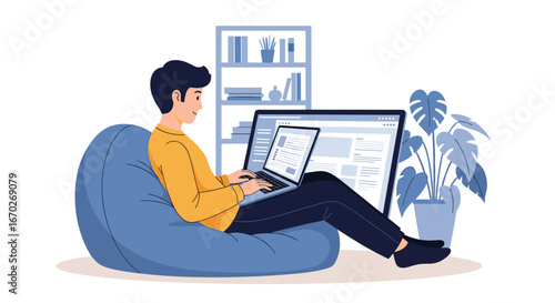Man sitting relaxed in beanbag chair working on laptop in cozy room environment