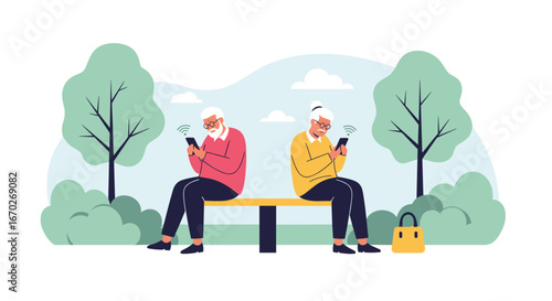 Elderly couple sitting apart on a park bench each engrossed in their mobile phones