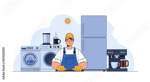 Home appliance repair technician standing with washing machine refrigerator and coffee maker
