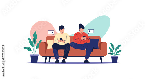 Modern living room couch with two people using smartphones focused on their devices