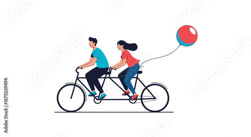 Couple riding a tandem bicycle enjoying a sunny day with a balloon floating above