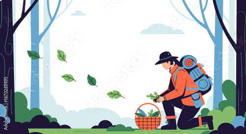 A hiker gathers green leaves in a forest while falling leaves surround the scene