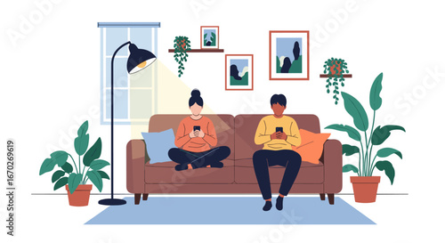 Modern living room with two people enjoying their devices on a couch