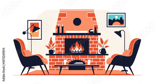 Cozy living room scene with fireplace chairs and art decor elements