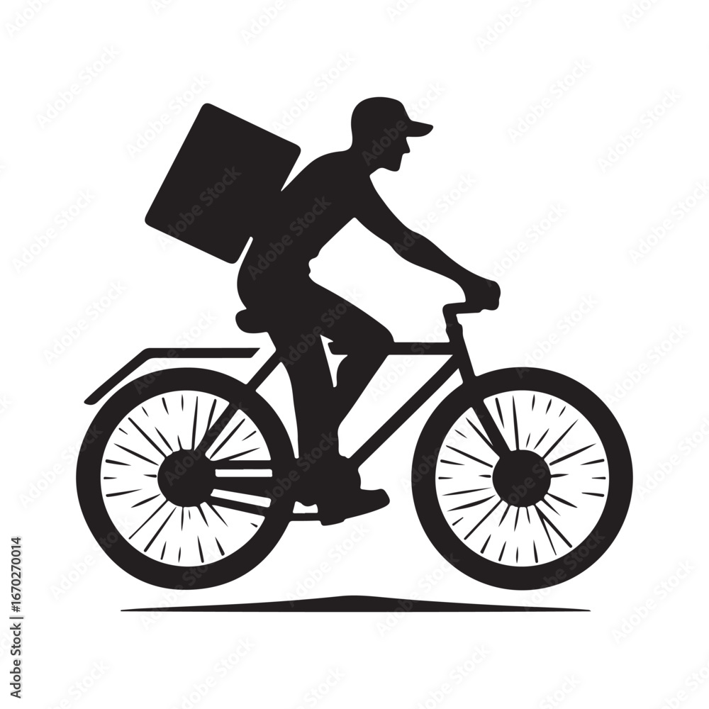 Fototapeta premium Delivery person with bike vector silhouette outline logo design concept illustration