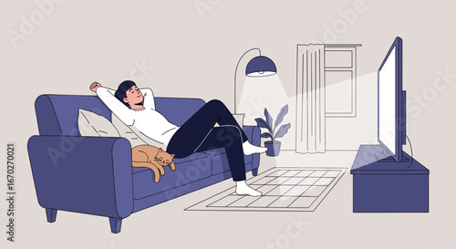 Relaxing evening watching television with pet dog companionship on the sofa