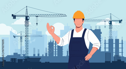 Skilled construction worker in hard hat giving a positive gesture at a busy urban development site with cranes and buildings