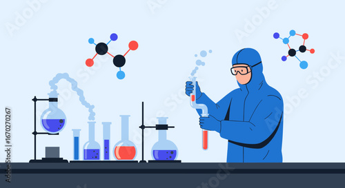 Scientist in a protective suit conducts experiment in laboratory with beakers and molecules