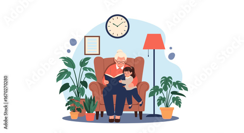 Elderly person reading a book to a young child in a cozy living room setting