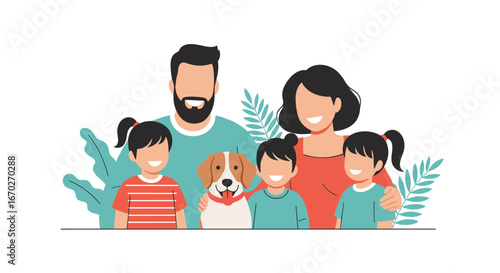 Illustrating the joyful bond of a modern family with their beloved pet dog and lush greenery