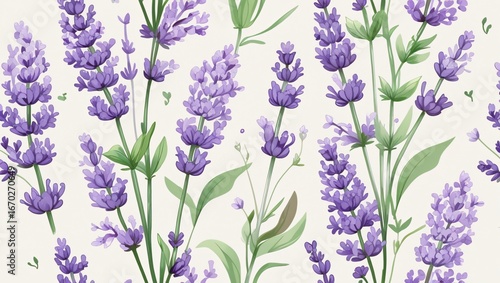 Seamless pattern of blooming lavender sprigs, soft violet and lilac tones