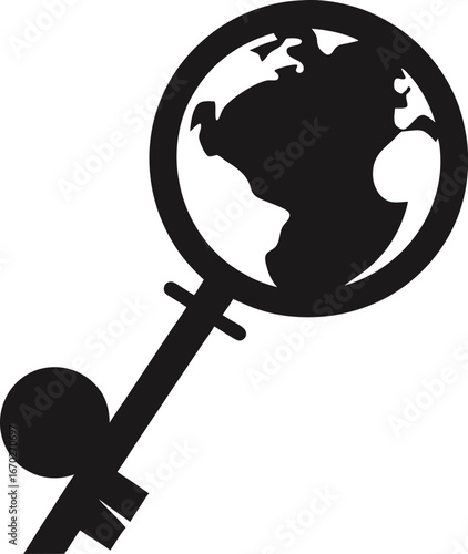 Key with a globe icon symbolizing global access and solutions