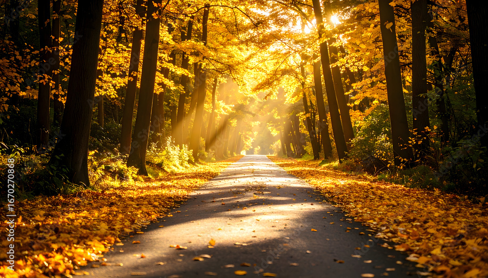 Fototapeta premium Autumn Road Sunlight Through Golden Trees