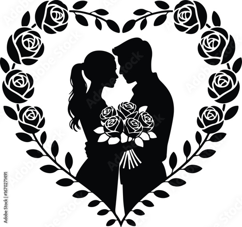 Romantic couple silhouette framed by floral heart
