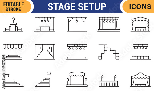 Stage setup outline icons collection with podium, flags, and lighting elements