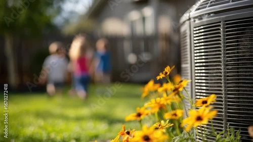 Dynamic Summer Backyard Scene: Children Play Near Air Conditioner and Bright Yellow Flowers on a Sunny Day