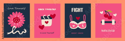 Set of breast cancer awareness day cards with pink colorful illustrations of breasts symbol, heart, flower, ribbon, calendar. October Cancer Awareness Month. Template for poster, banner, infographic.