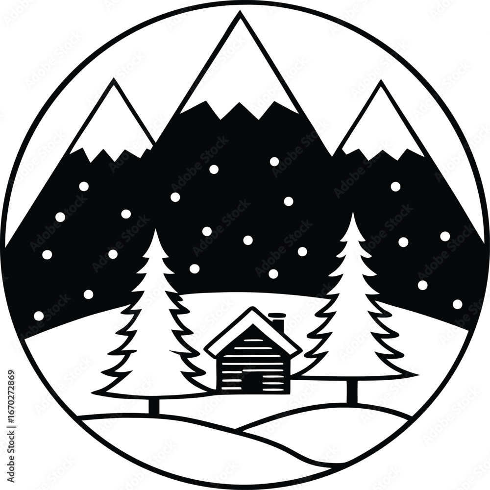 Obraz premium A black and white silhouette depicts a cozy cabin with a mountain backdrop, framed by three stylized pine trees.