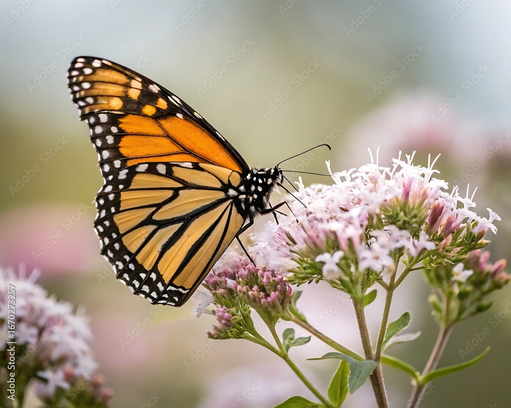 Fototapeta premium Monarch butterfly perched on delicate pink wildflowers in soft sunlight