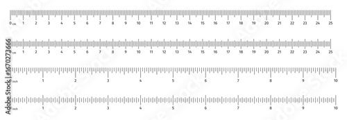 Ruler scale with markings and numbers. Size indicators measuring tool. Ruler scale with centimeters and inches units. Vector