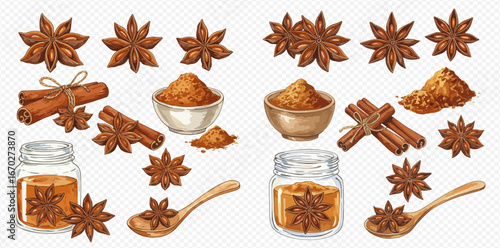 Watercolor illustration of star anise, cinnamon sticks, and powder in bowls and jars on a transparent background.