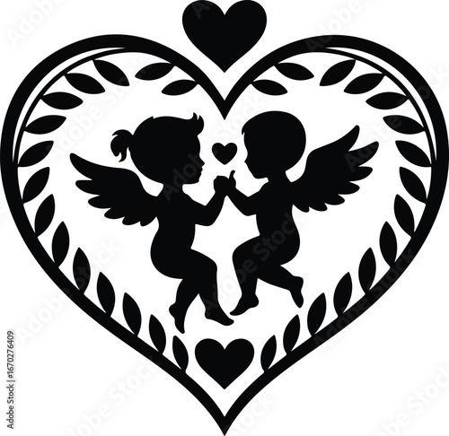Cupids sharing love in heart shaped silhouette