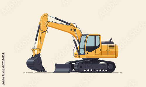 Flat illustration of a yellow hydraulic construction excavator machine for commercial use and marketing