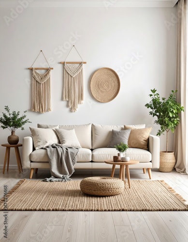 Serene Japandi Living Room with Macrame Wall Art and Natural Textures.