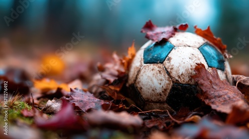 This image features a weathered soccer ball, partially covered by colorful autumn leaves, highlighting the contrast between sports and the beauty of nature in fall.