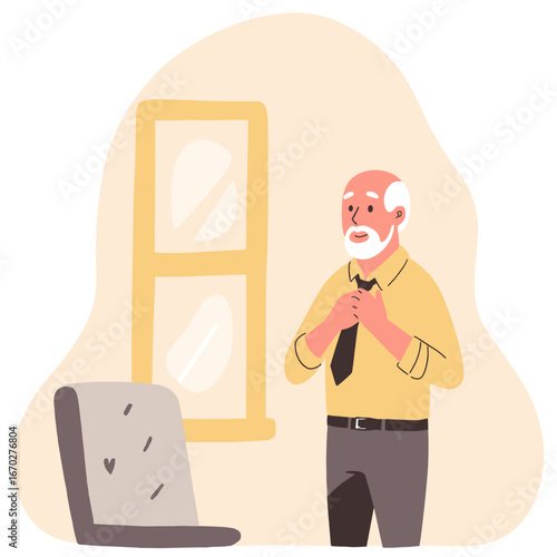 Elderly man tying necktie. Senior dressing up for occasion. Elegant old man adjusting clothes. Gentleman's daily routine in age. Elderly set
