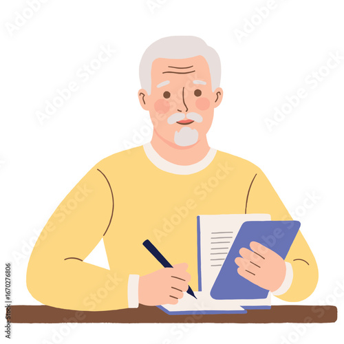 Elderly man taking notes. Senior writing in notebook. Old man learning or reflecting. Wisdom in words from retired life. Elderly set