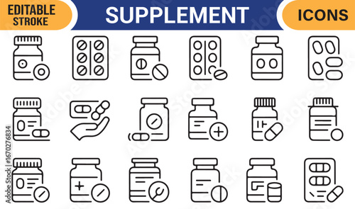 Collection of healthcare supplement symbols in vector editable stroke style