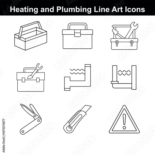 Heating and Plumbing Line Art Icons Collection Featuring Toolbox Wrench Pipe and Utility Knife with Safety Sign Symbols