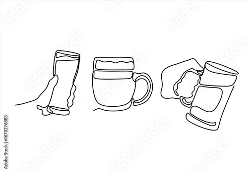 Line Art of Beer Glasses in Hands. continuous line drawing. Editable stroke.