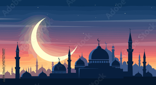 Ramadan Crescent Moon Over Islamic Cityscape Sunset Sky