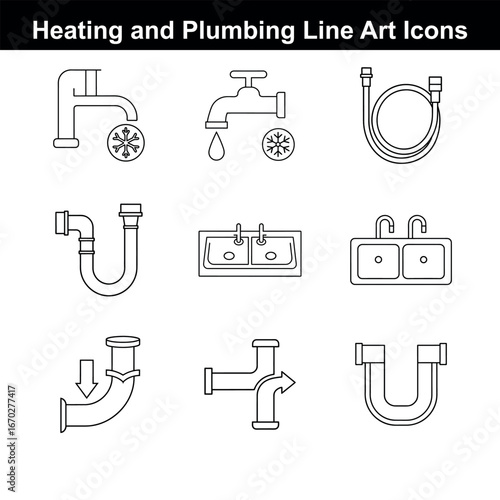 Heating and Plumbing Line Art Icons Collection of Faucets Sinks and Pipes for Modern Design and Creative Projects
