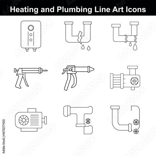 Heating and Plumbing Line Art Icon Set for Website or App Design Easy to Use and Customize