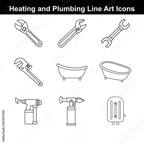 Heating and Plumbing Line Art Icons Collection Featuring Wrenches Bathtubs and Blowtorches for Repair and Maintenance Projects