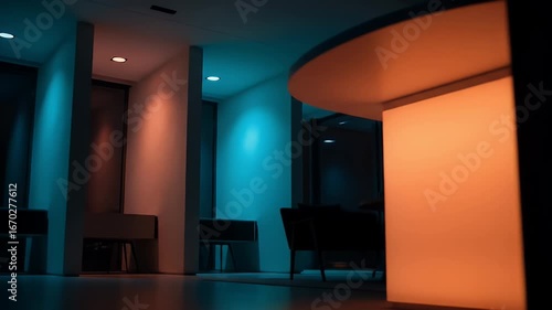 Low angle of a modern interior space lit with blue and orange tones