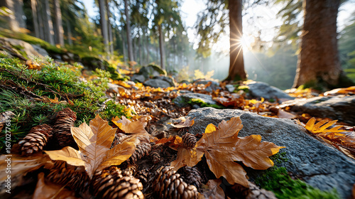 Fallen leaves and pine cones on the rocks in the forest.