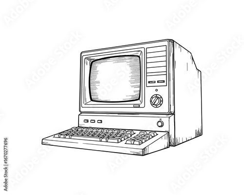 Vintage Desktop Computer with Keyboard, Retro Style, Line Art Illustration, Monochrome, Isolated on White Background, Vector Illustration