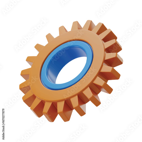 3D Rendering of an Orange Gear with a Blue Center on a White Background for Industrial Concepts